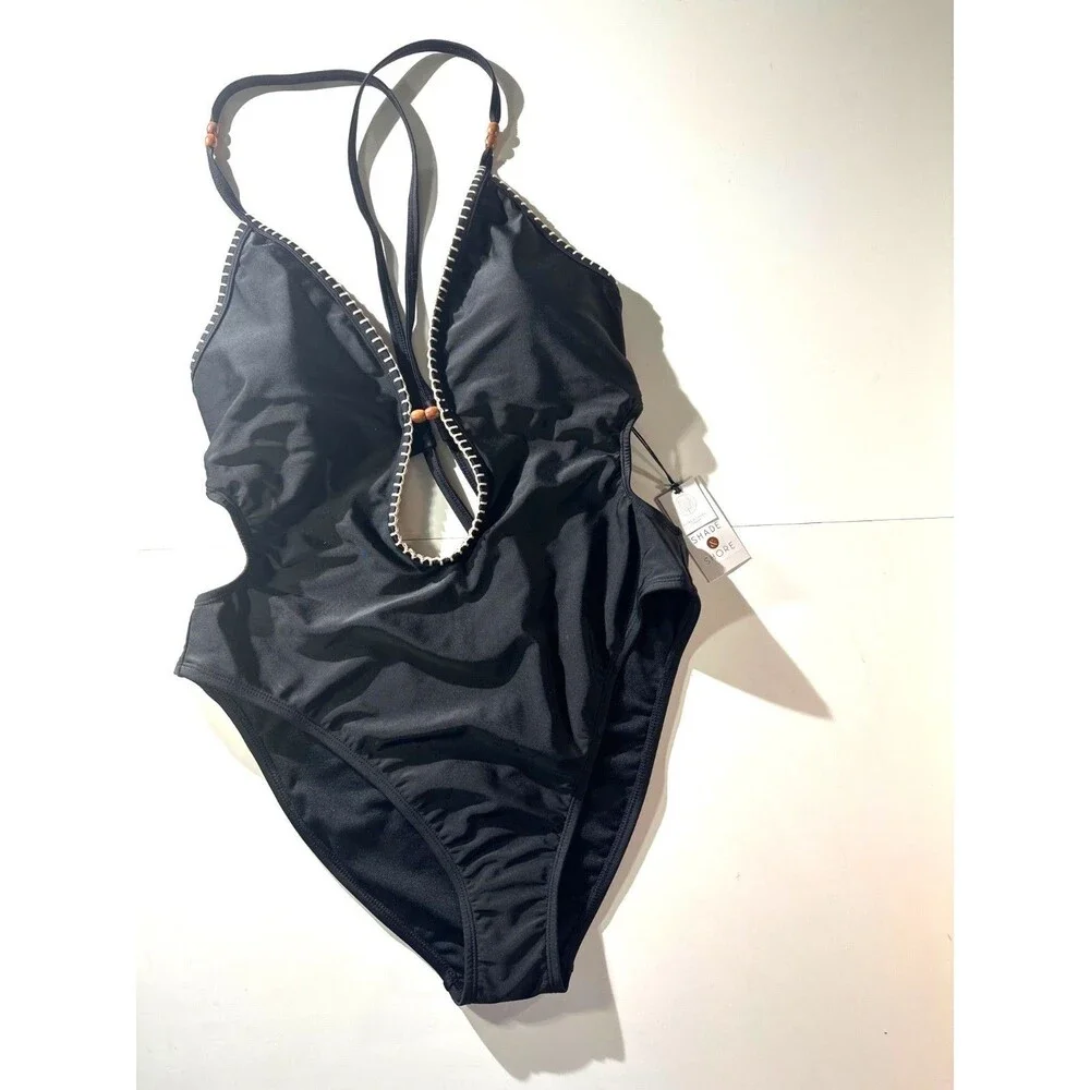 Shade & Shore Black Plunge One-Piece Swimsuit Beaded High-Leg Cut Size L 12-14